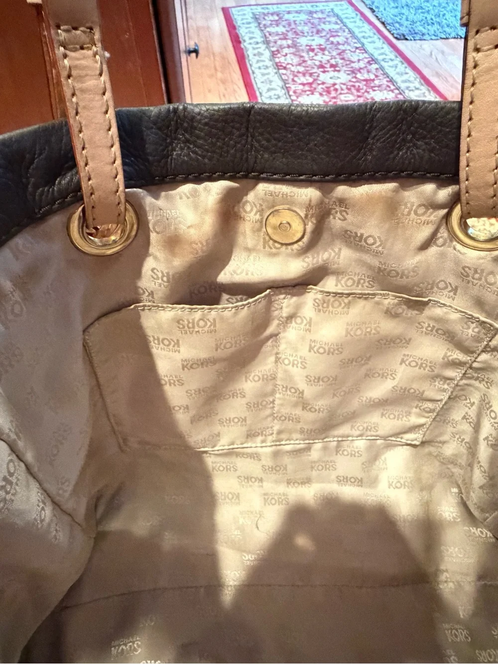 Michael Kors Leather Tote Bag | Black Pebbled Leather with Beige Straps